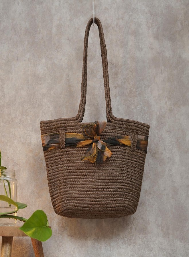 Ariya Women Handbag with Ribbon (4071 | Brown) Handcrafted PP & Cotton Blend Shoulder Purse, Perfect for Ladies & Girls, Lightweight Tote Bag for Daily Use, Casual, Travel & All Occasions - Image 4